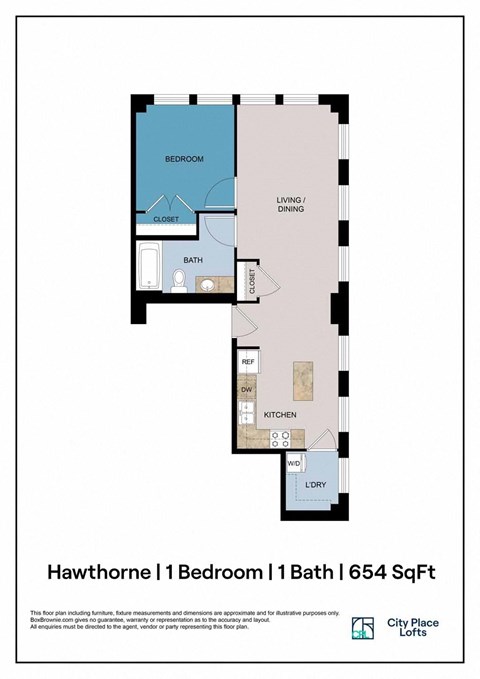 Floor plan for 1 bed, 1 bath, 654 sqft